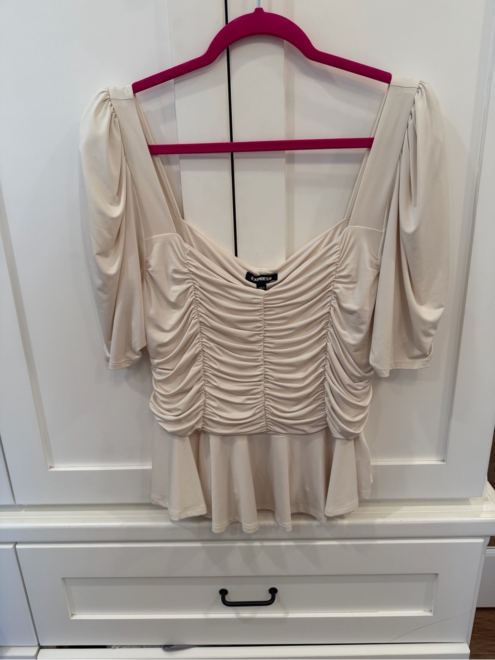 Express Cream Ruched Sweetheart Peplum Blouse